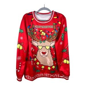 Women’s Xmas Crewneck Pullover Funny Ugly Christmas Sweatshirt Sz Large Reindeer